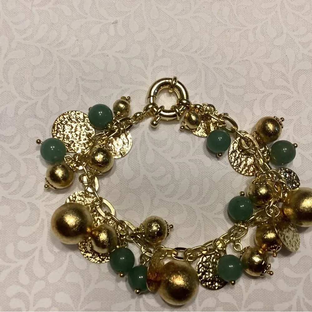 Goldtone Giant Spring Ring Gold and Green Charms Bracelet